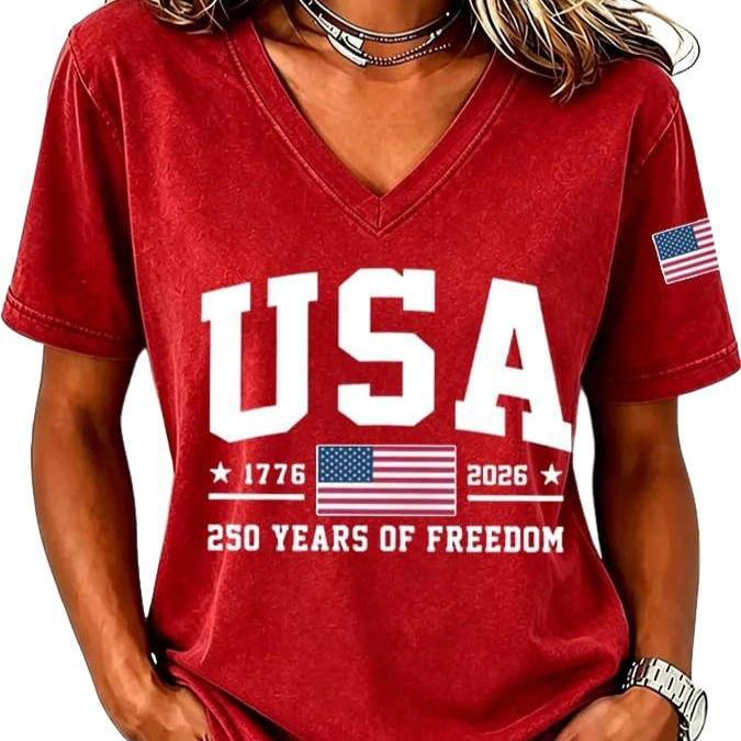 American Flag Print V-Neck Short Sleeve Women's T-Shirt