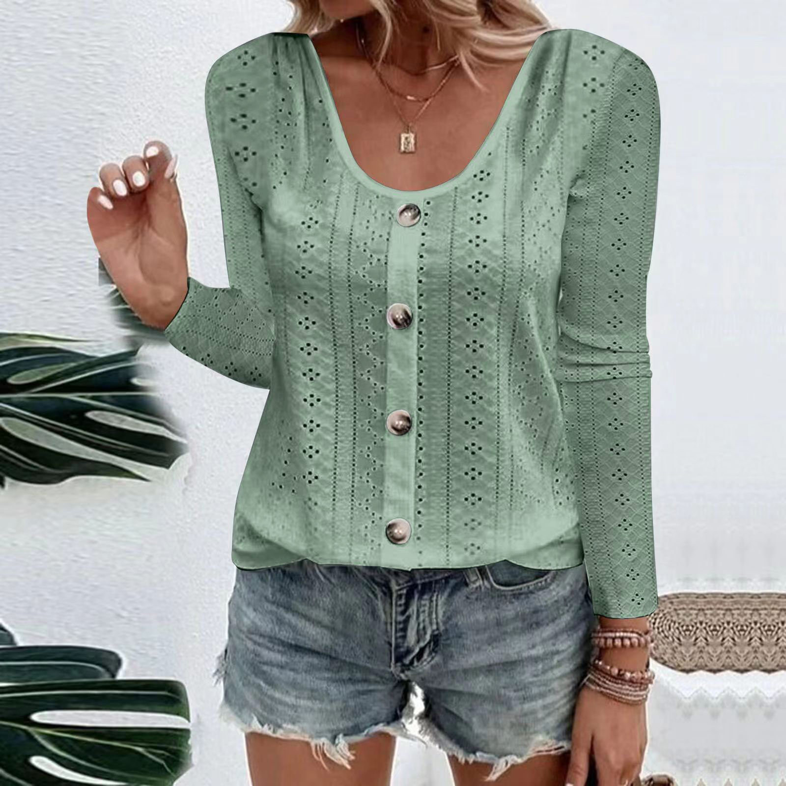 Women's Round Neck Loose Single-Breasted Long-Sleeve Top