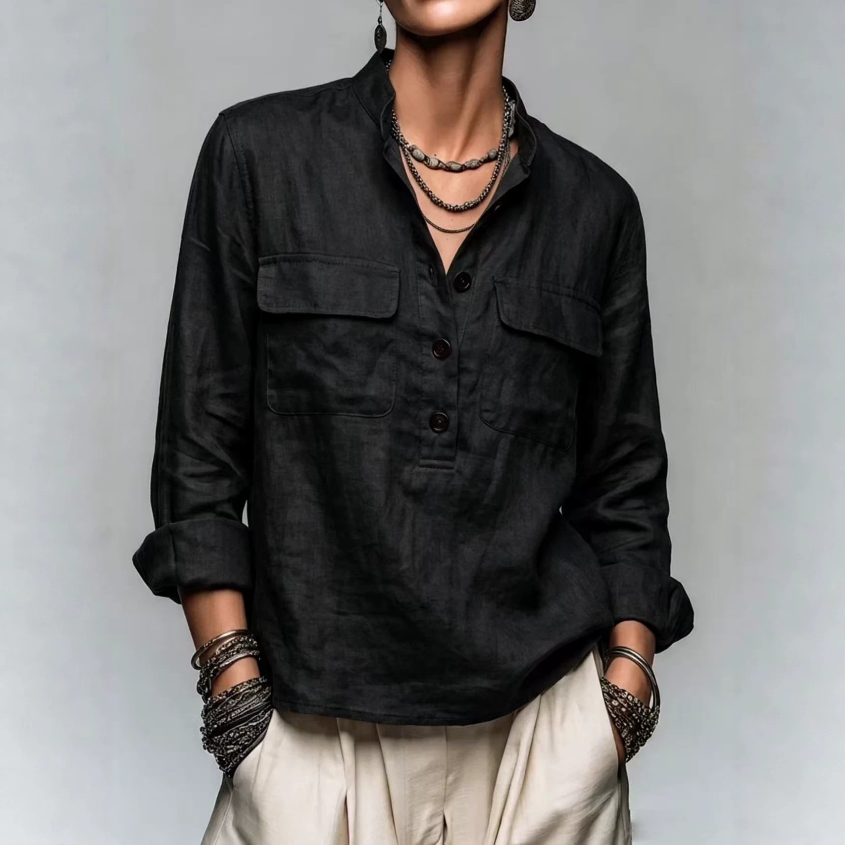Women's Retro Stand Collar Button Pocket Loose Long Sleeve Pullover Shirt