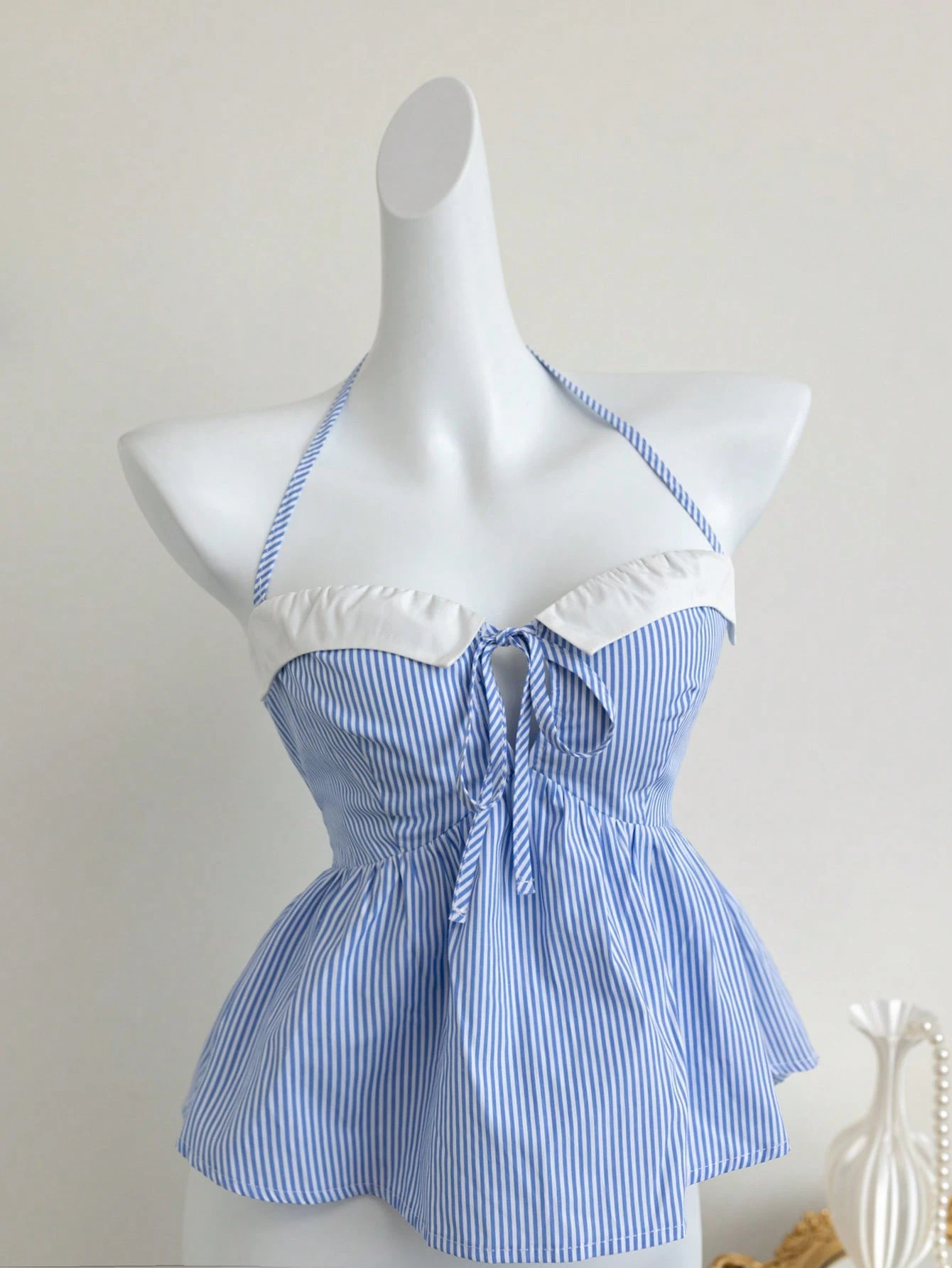 Blue & White Butterfly Tie Halter Sleeveless Dress