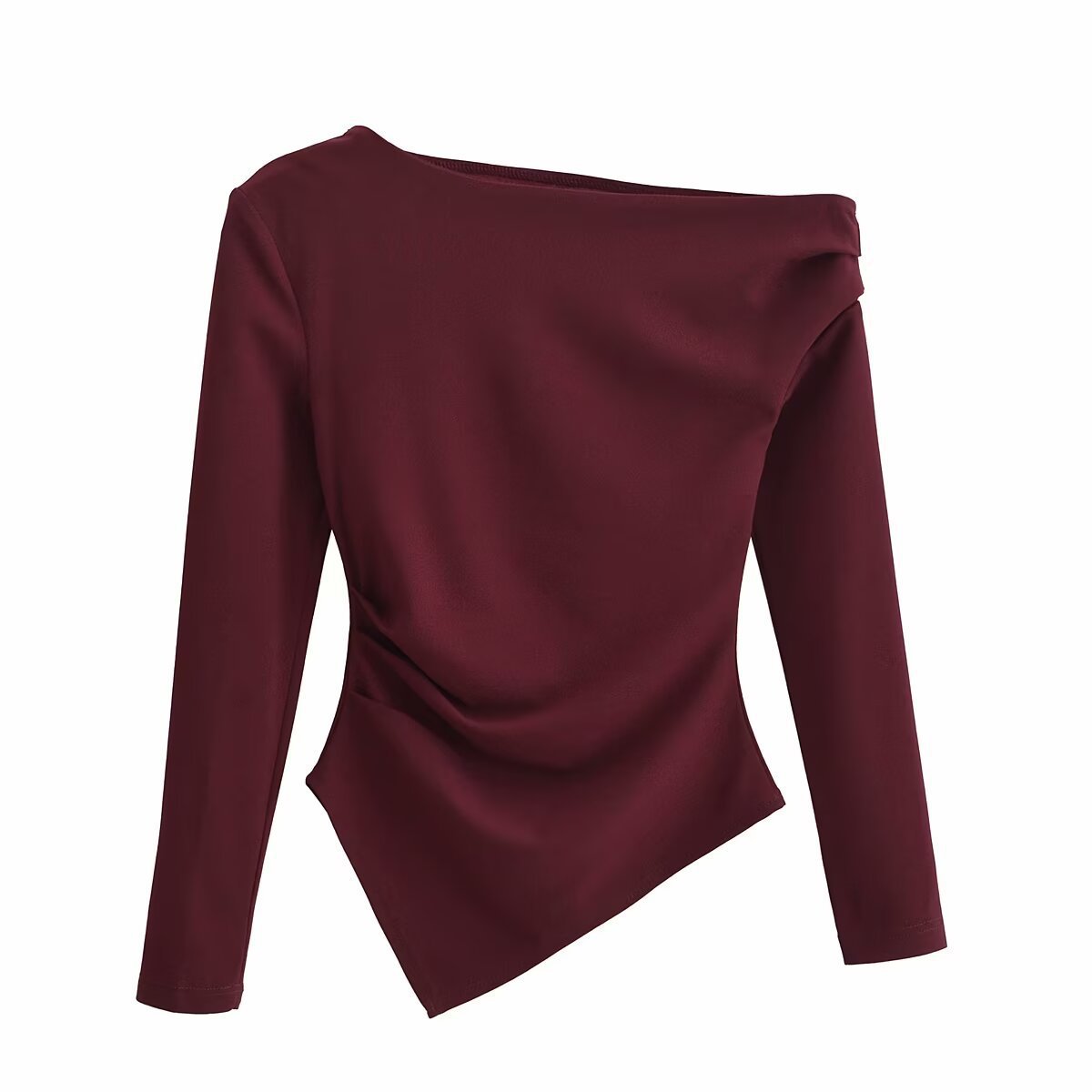 Women's Asymmetric Stretch Top – One-Shoulder Long Sleeve, Solid Color, Versatile