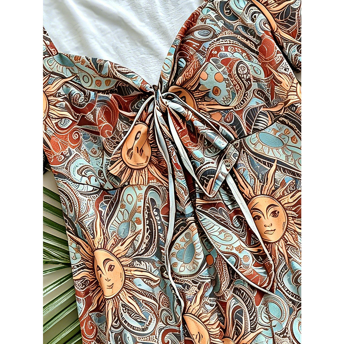 Plus Size Paisley Print Square Neck Tie-Front Short Sleeve Top