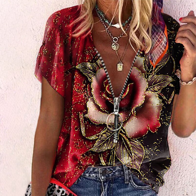Women's Zip Short Sleeve Rose Print T-Shirt