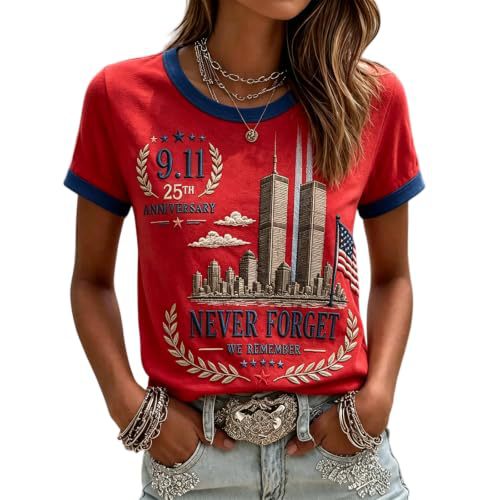 911 Twin Towers Ribbon Flag Print Short Sleeve T-Shirt