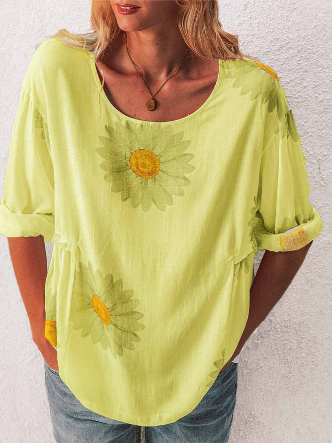 Women's Floral Print Cotton-Linen Blend T-Shirt