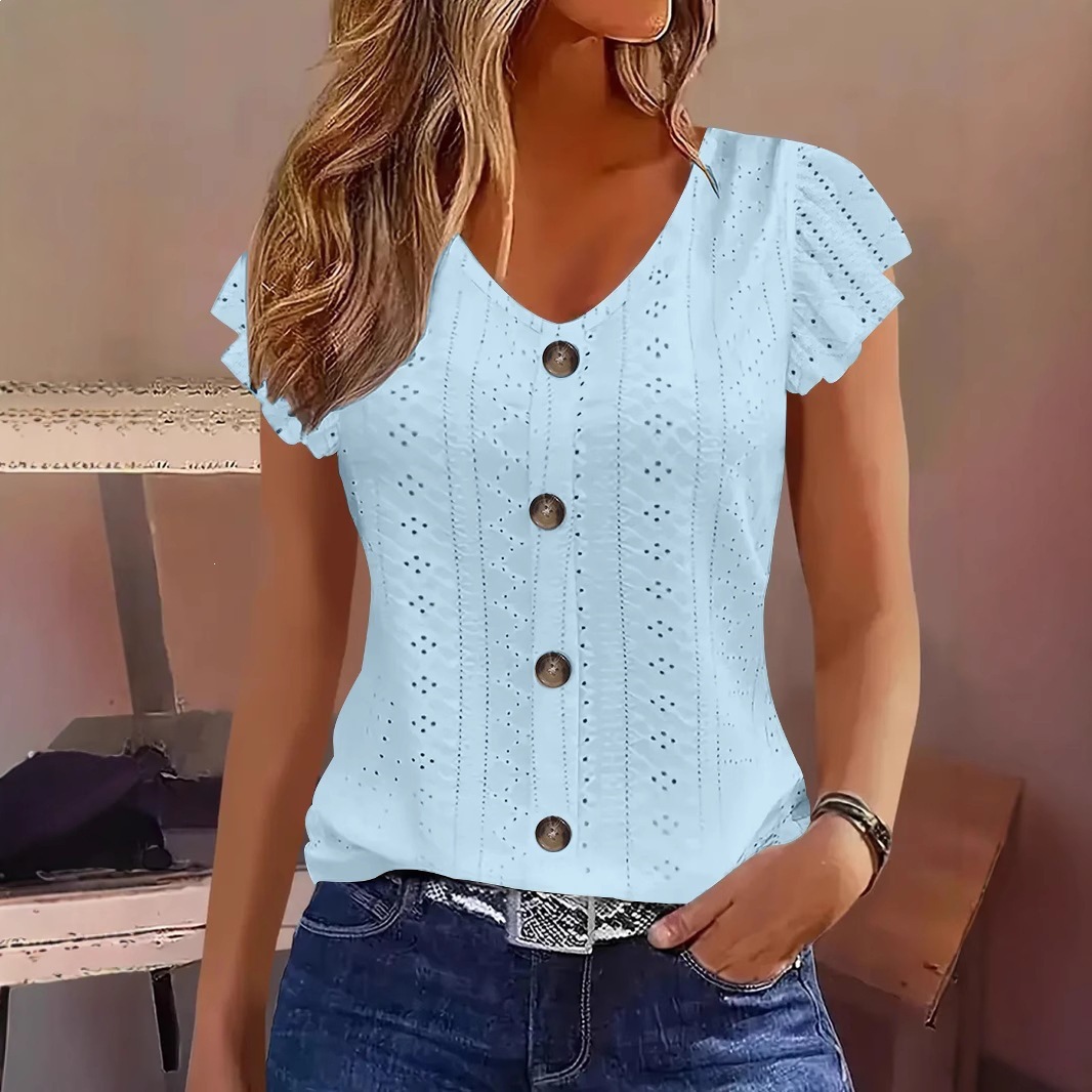 Women's Casual Solid Ruffle Sleeve V-Neck T-Shirt