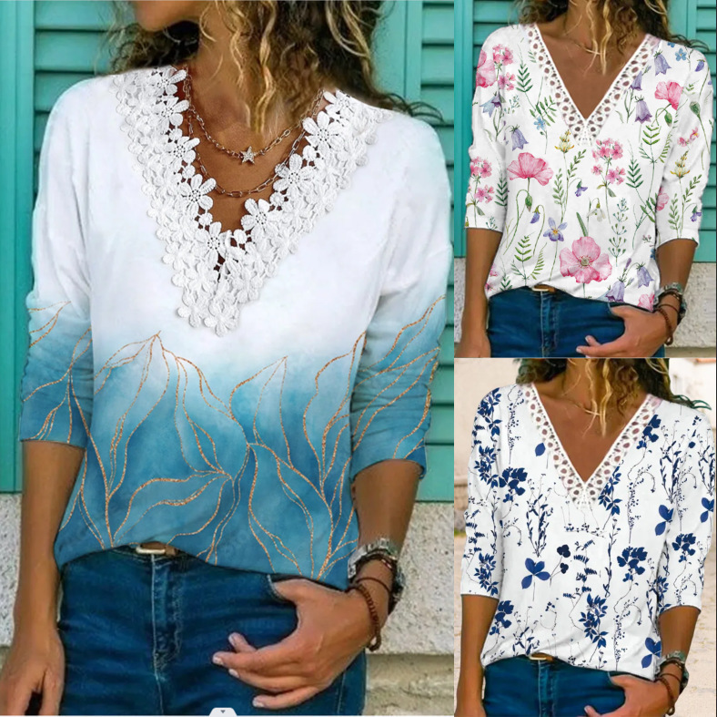 Women's Lace V-Neck Floral Print Loose Fit Long Sleeve T-Shirt
