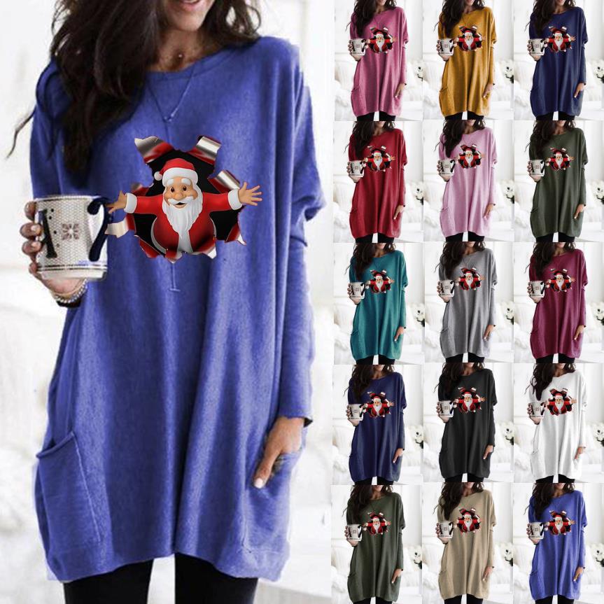Christmas Santa Print Long Sleeve Crewneck Casual T-Shirt for Women