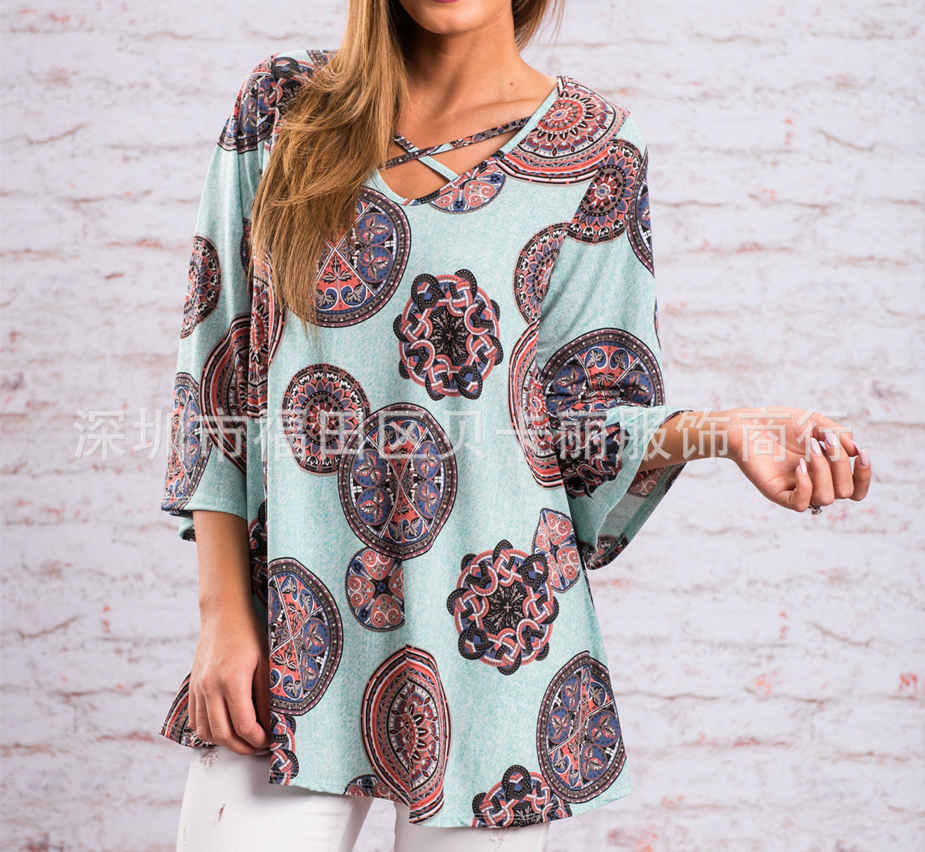 Women's Loose V-Neck Cross Print T-Shirt Top