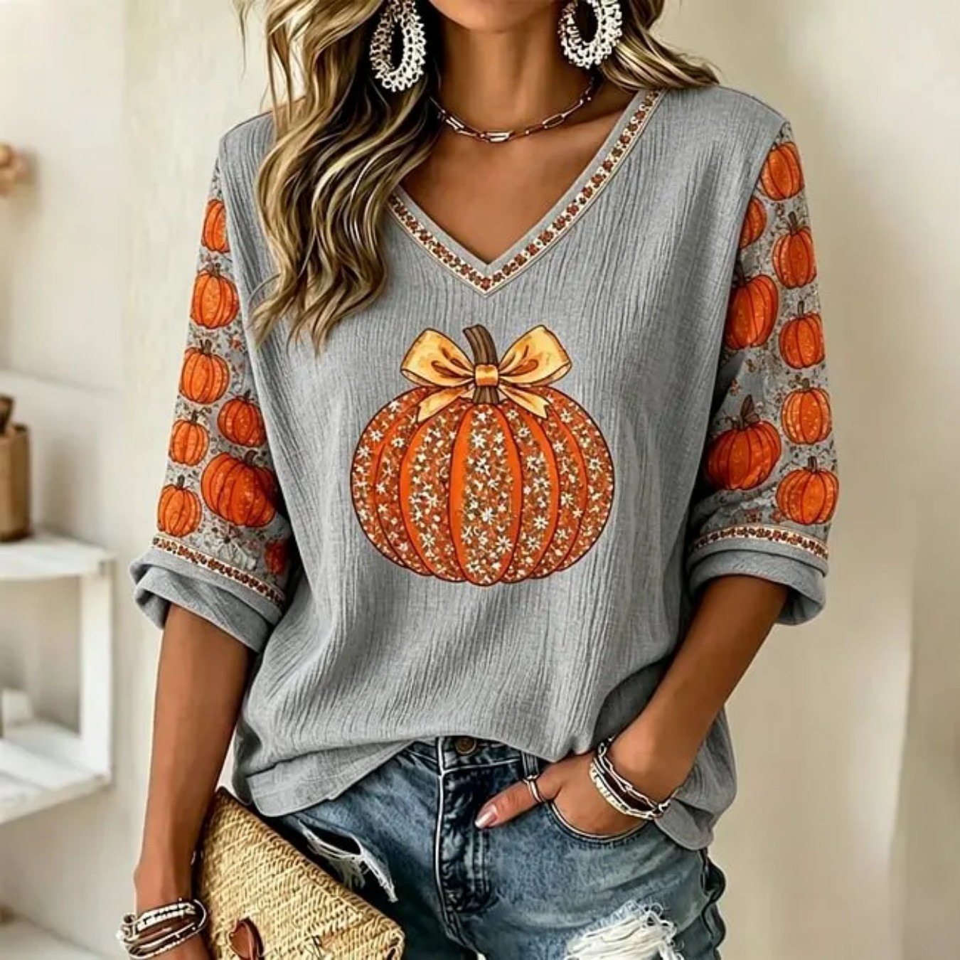 Pumpkin Bow Print V-Neck Half-Sleeve T-Shirt