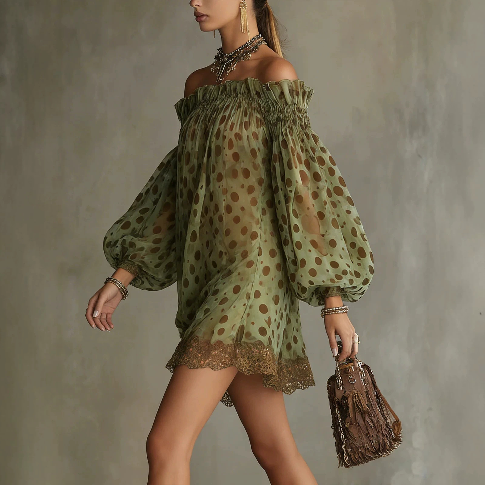Green Polka Dot Chiffon Blouse with Lace Trim and Lantern Sleeves