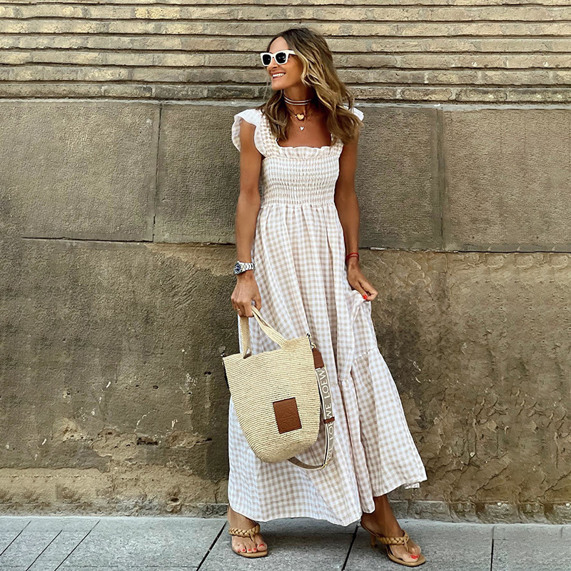 Women's Summer Plaid Print Sleeveless Maxi Dress