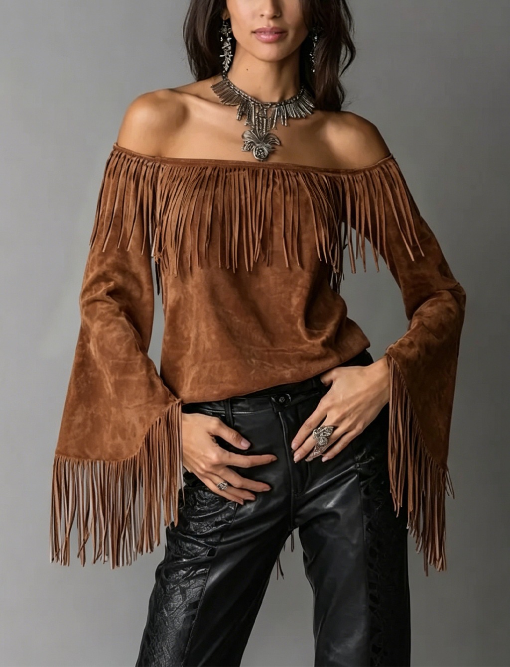 Women's Off-Shoulder Faux Suede Fringe Top with Flared Sleeves