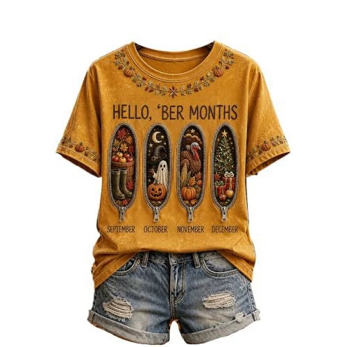 Olive Pumpkin Maple Leaf Print Short Sleeve T-Shirt