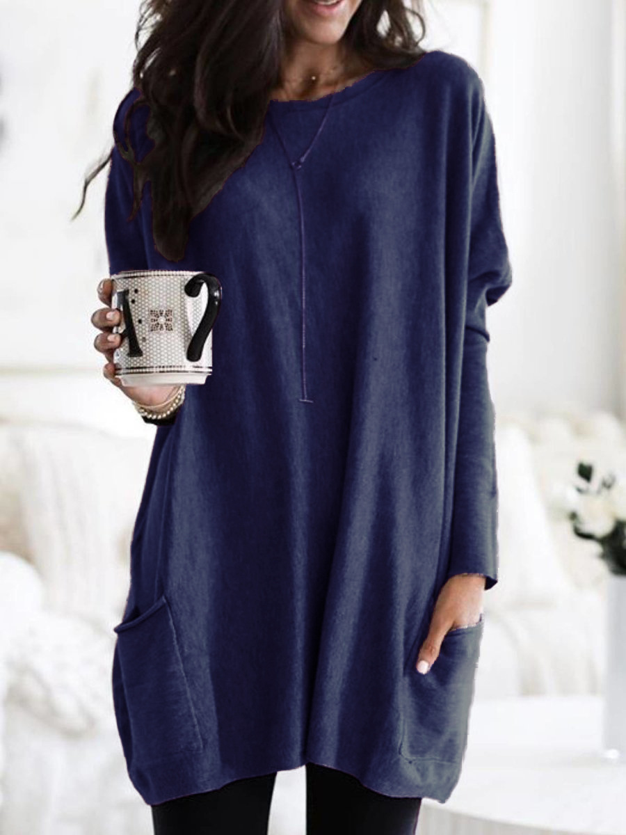 Women's Long Sleeve Pocket T-Shirt Casual Loose Fit Crew Neck Top