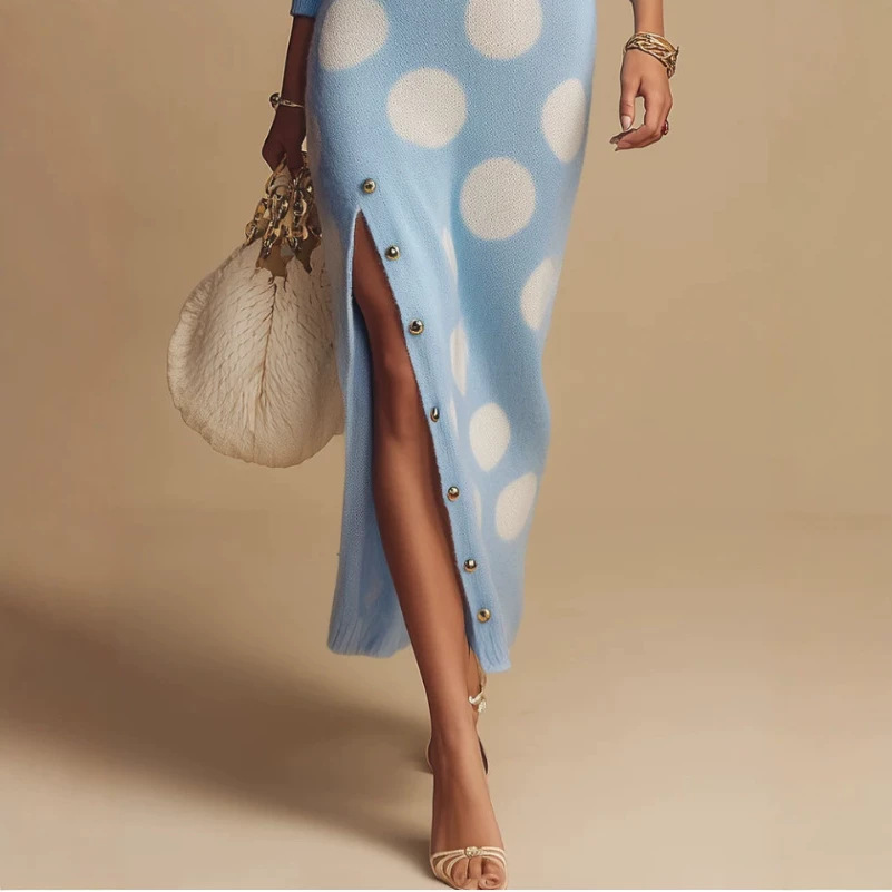 Lazy Elegant Polka Dot V-Neck Side Slit Long Dress
