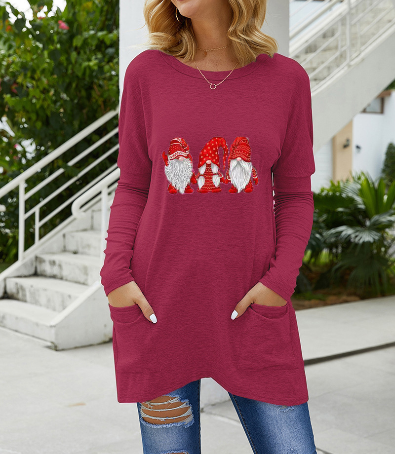 Santa Print Loose Long-Sleeve T-Shirt for Women