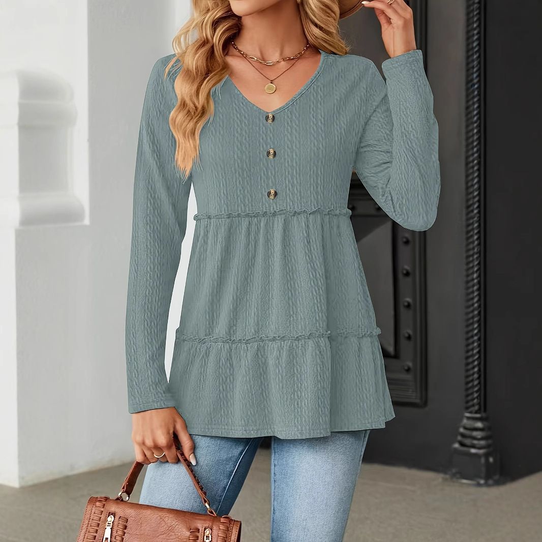 Solid V-Neck Buttoned Loose Long-Sleeve T-Shirt Top
