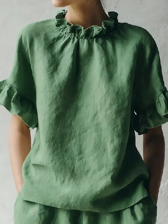 French Vintage Ruffle Ruched Crew Neck Cotton Linen Short Sleeve Top
