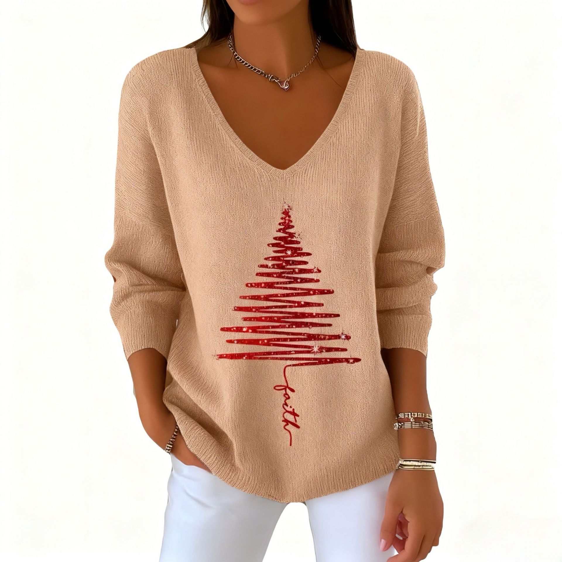 Women's V-Neck Long Sleeve Book & Christmas Tree Print T-Shirt