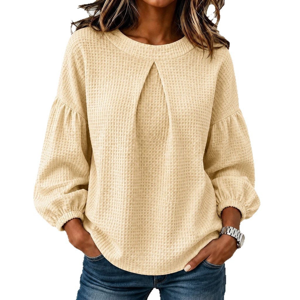 Waffle Knit Lantern Sleeve Crewneck Solid Color Long Sleeve Top Shirt