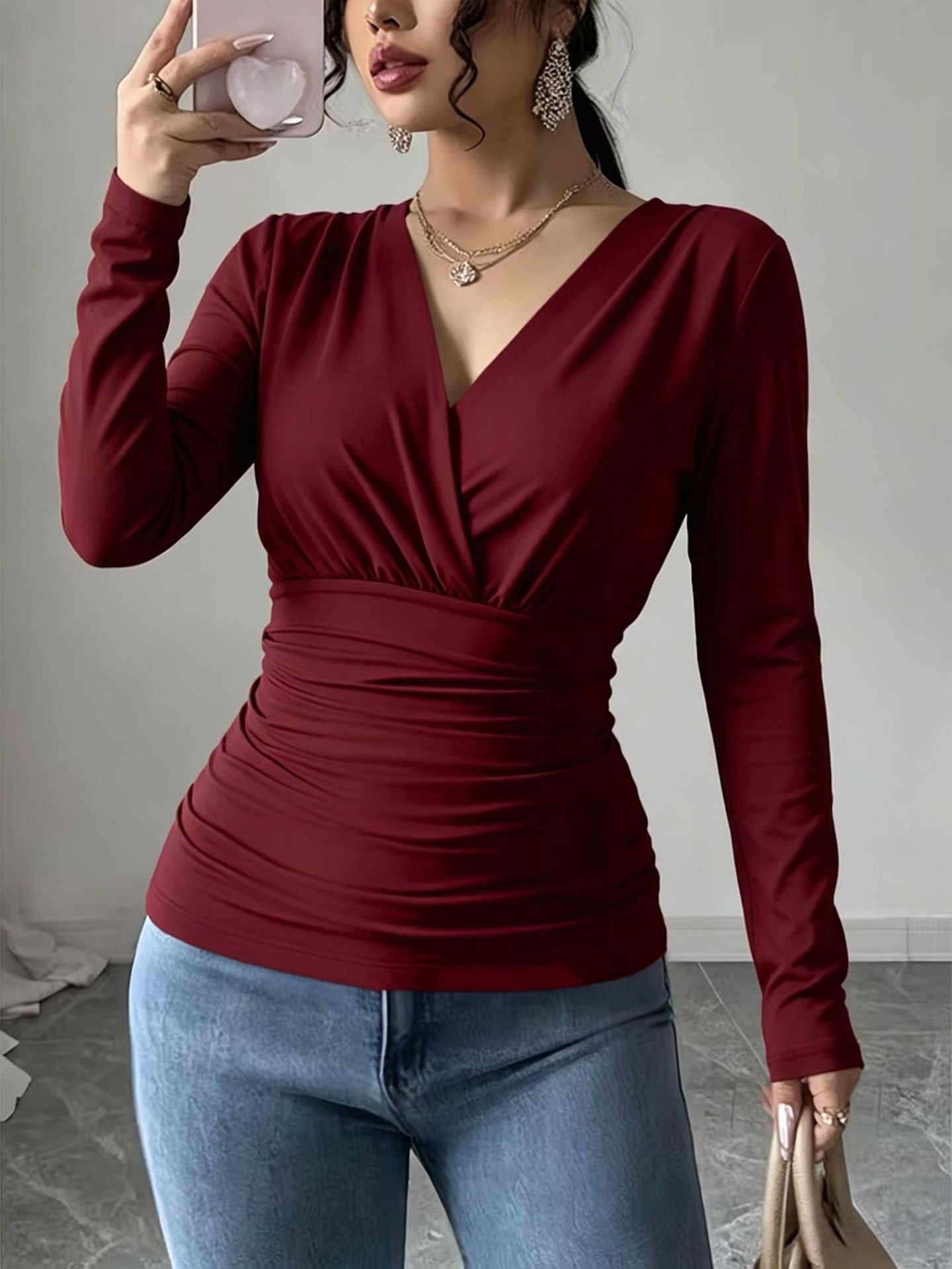 Women's French Cross V-Neck Ruched Waist Slimming Long Sleeve T-Shirt