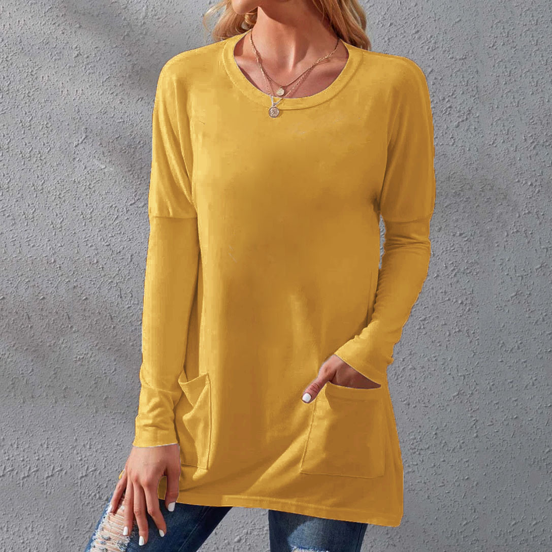 Women's Loose Fit Crewneck Short Sleeve Pocket Solid Midi T-Shirt