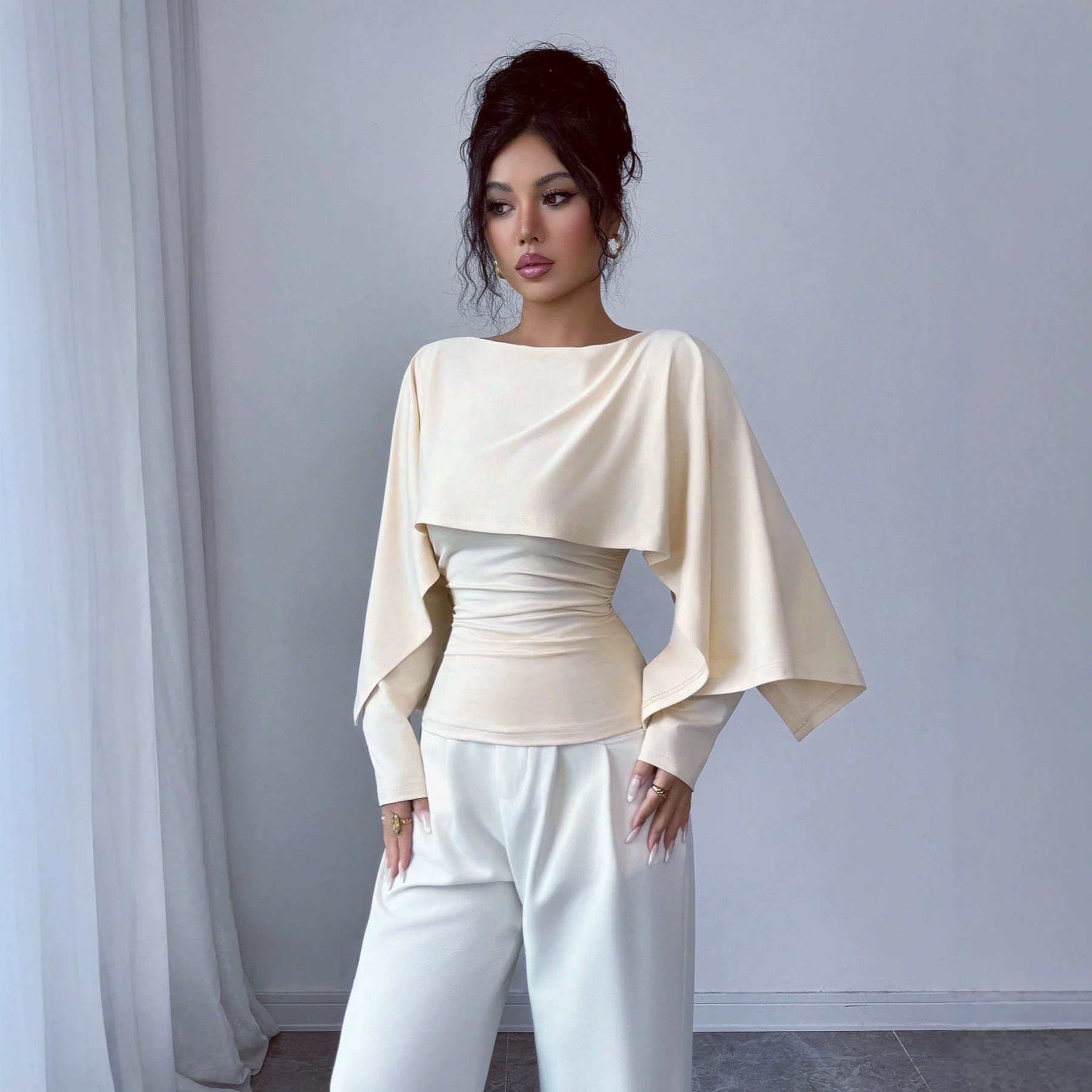 Women's Cape-Style Slimming Knit Top Crew Neck Long Sleeve