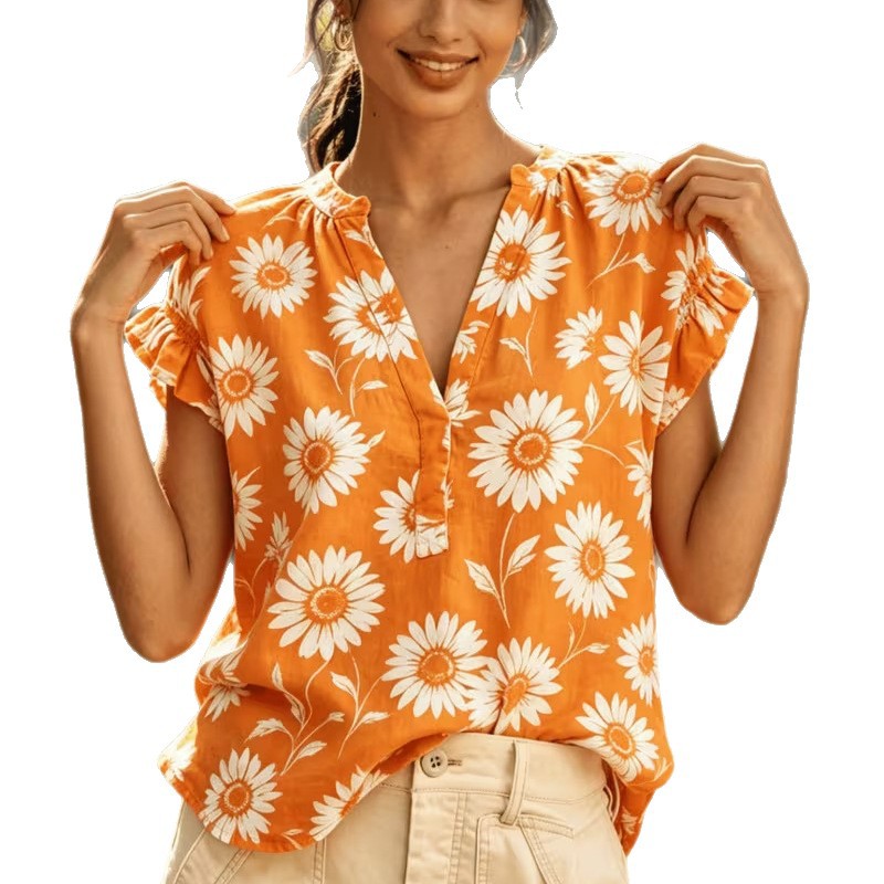 Floral & Solid Print V-Neck Short Sleeve Rolled Cuff Women's T-Shirt