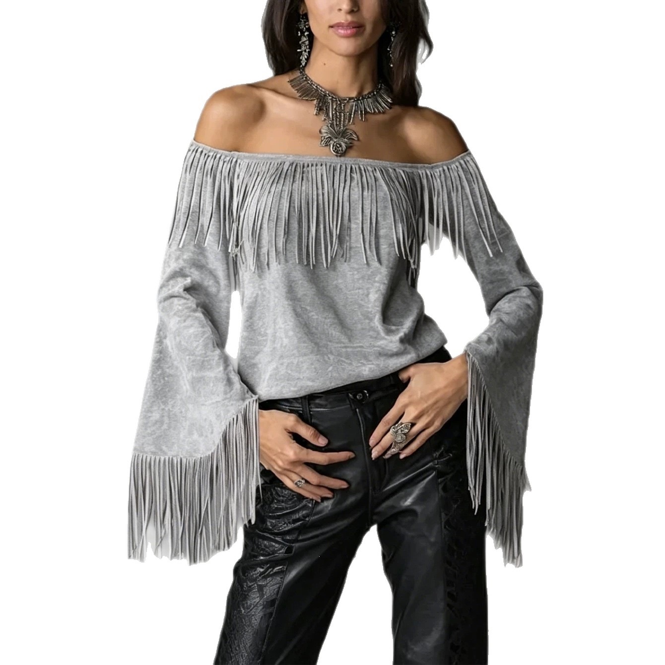 Women's Off-Shoulder Faux Suede Fringe Top with Flared Sleeves