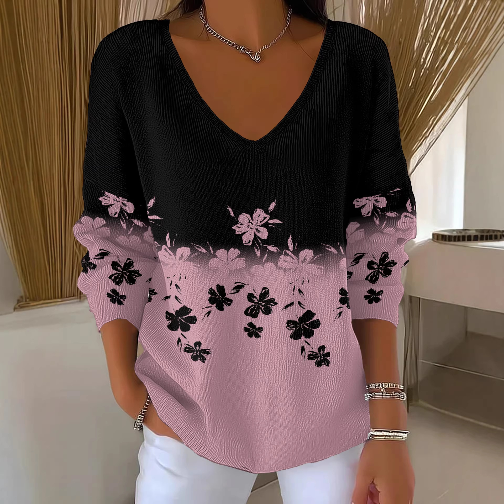 Women's Floral Star Print V-Neck Long-Sleeve T-Shirt
