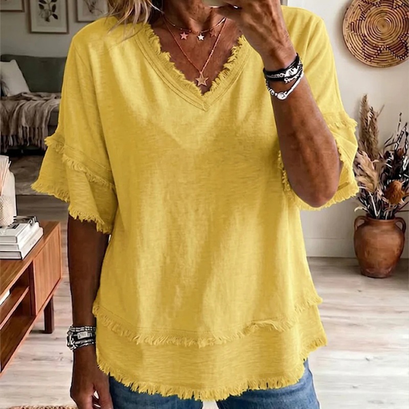 Women's Loose V-Neck Frayed Short-Sleeve T-Shirt Solid Casual Top