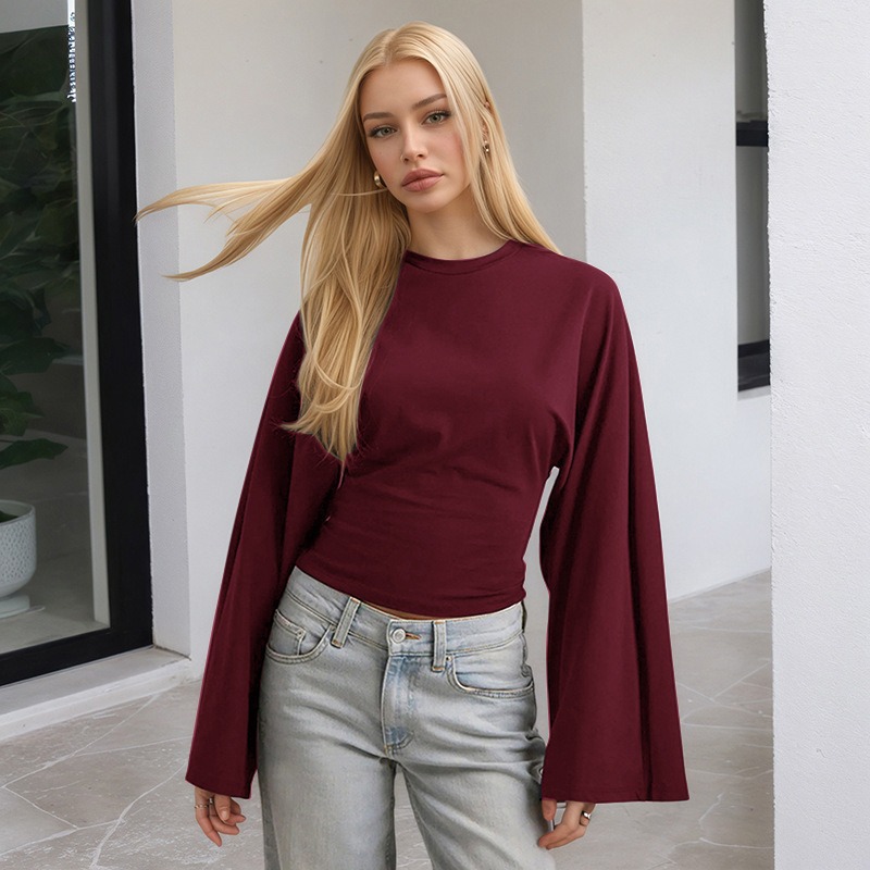 Women's Solid Crewneck Long Sleeve Cinched Waist Casual Top