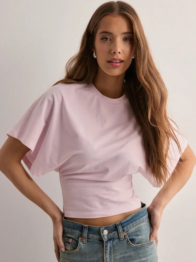 Solid Crewneck Batwing Sleeve Cinched Waist Short Sleeve Top