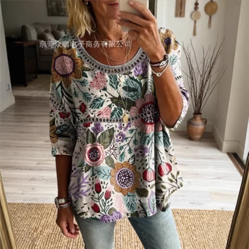 3D Floral Print Crewneck Half-Sleeve Ruched Top