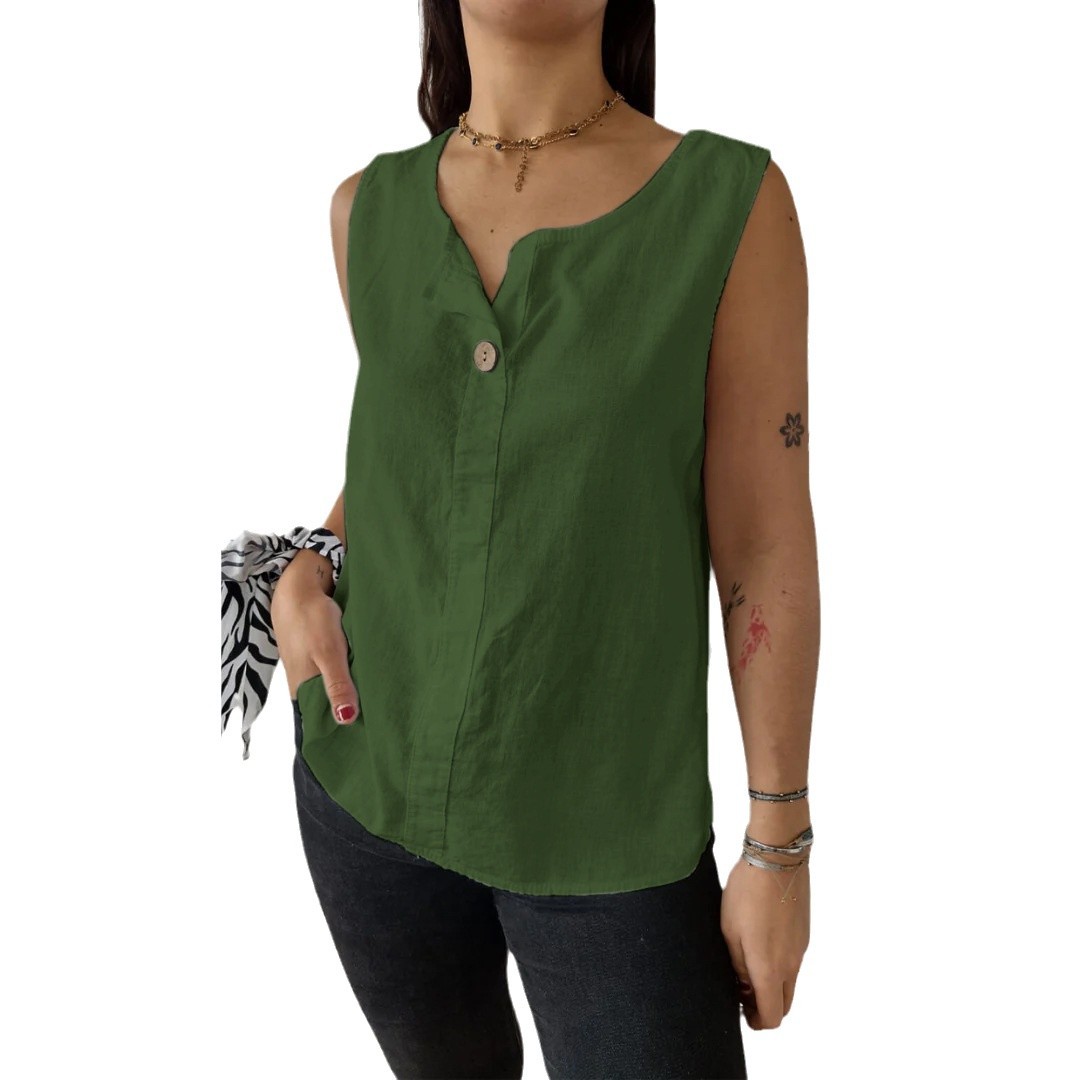 Women's Summer Sleeveless Button-Front Cotton Linen Tank Top