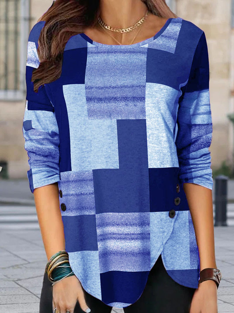 Women's Colorblock Print Long-Sleeve Crewneck Pullover T-Shirt