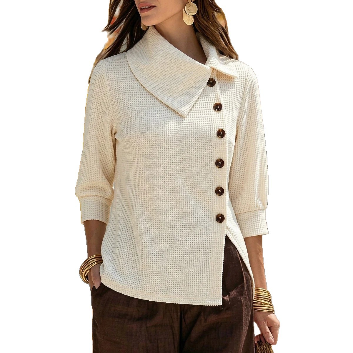 Waffle Knit Collared Asymmetric Button 3/4 Sleeve Loose Women's Top