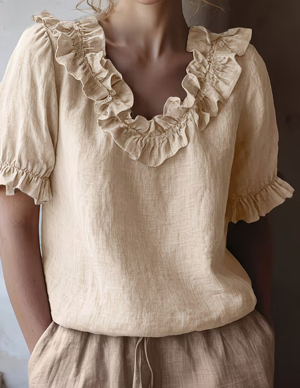Women's Solid Ruffle Trim Puff Sleeve Knit Top French Elegant Blouse