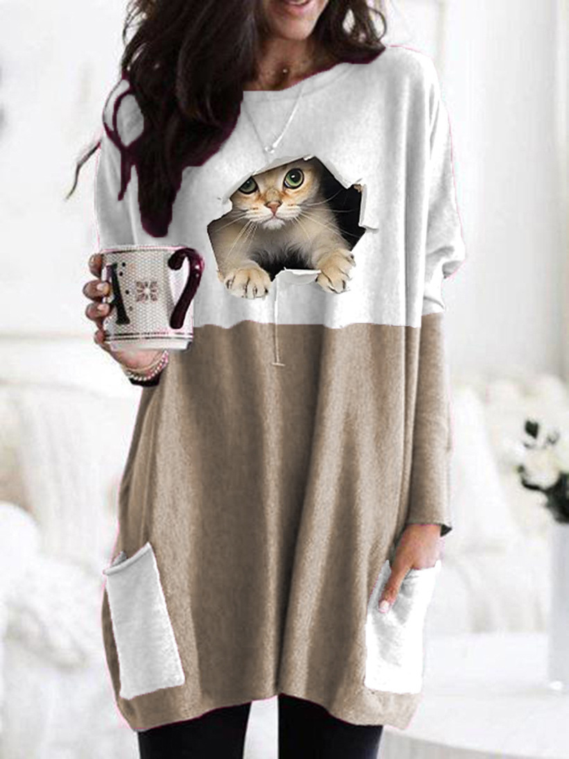 Color Block Cat Print Crewneck Long Sleeve T-Shirt for Women