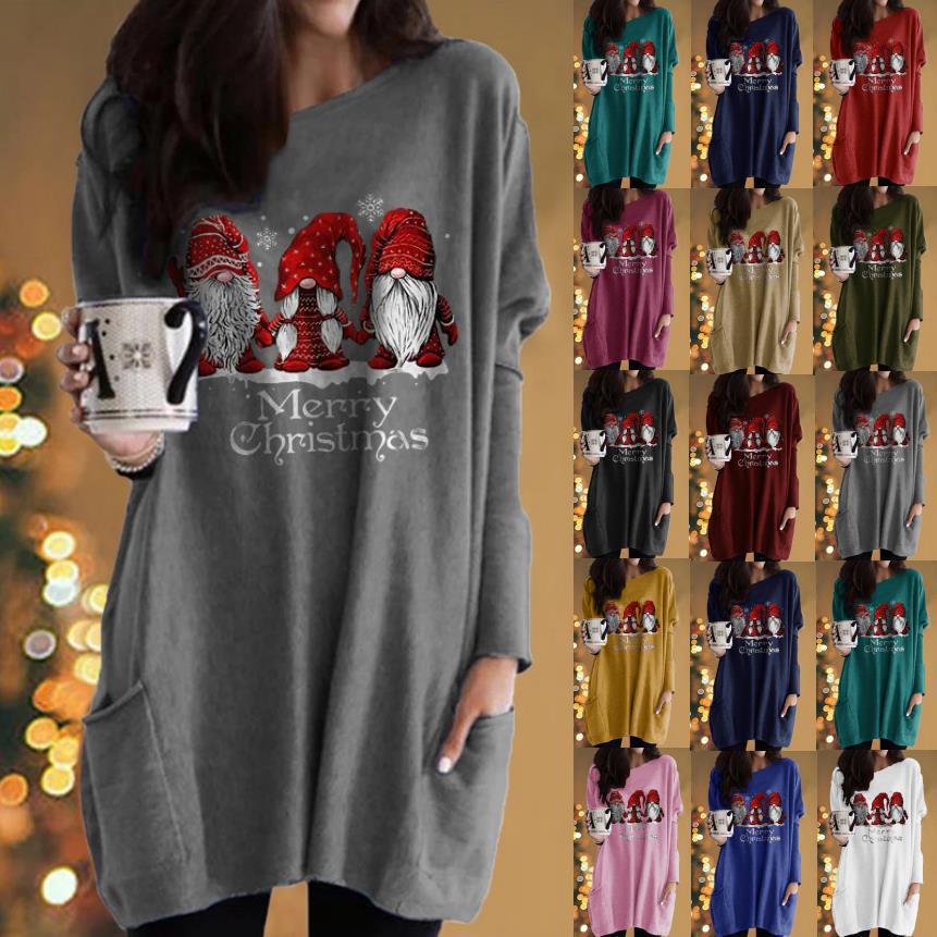 Christmas Santa Print Long-Sleeve Pocket Round-Neck T-Shirt Dress