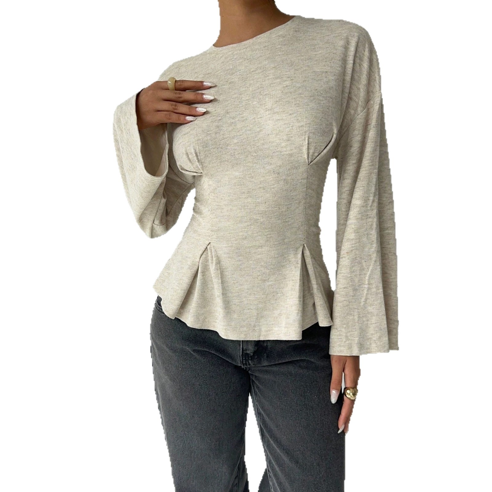 Women's Slim Fit Pleated Long Sleeve Crewneck Pullover Top