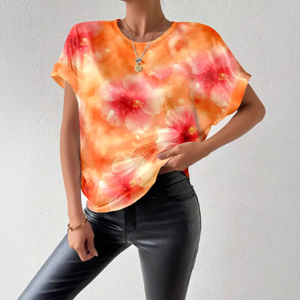 Tie-Dye Floral Crewneck Short-Sleeve Pullover Top