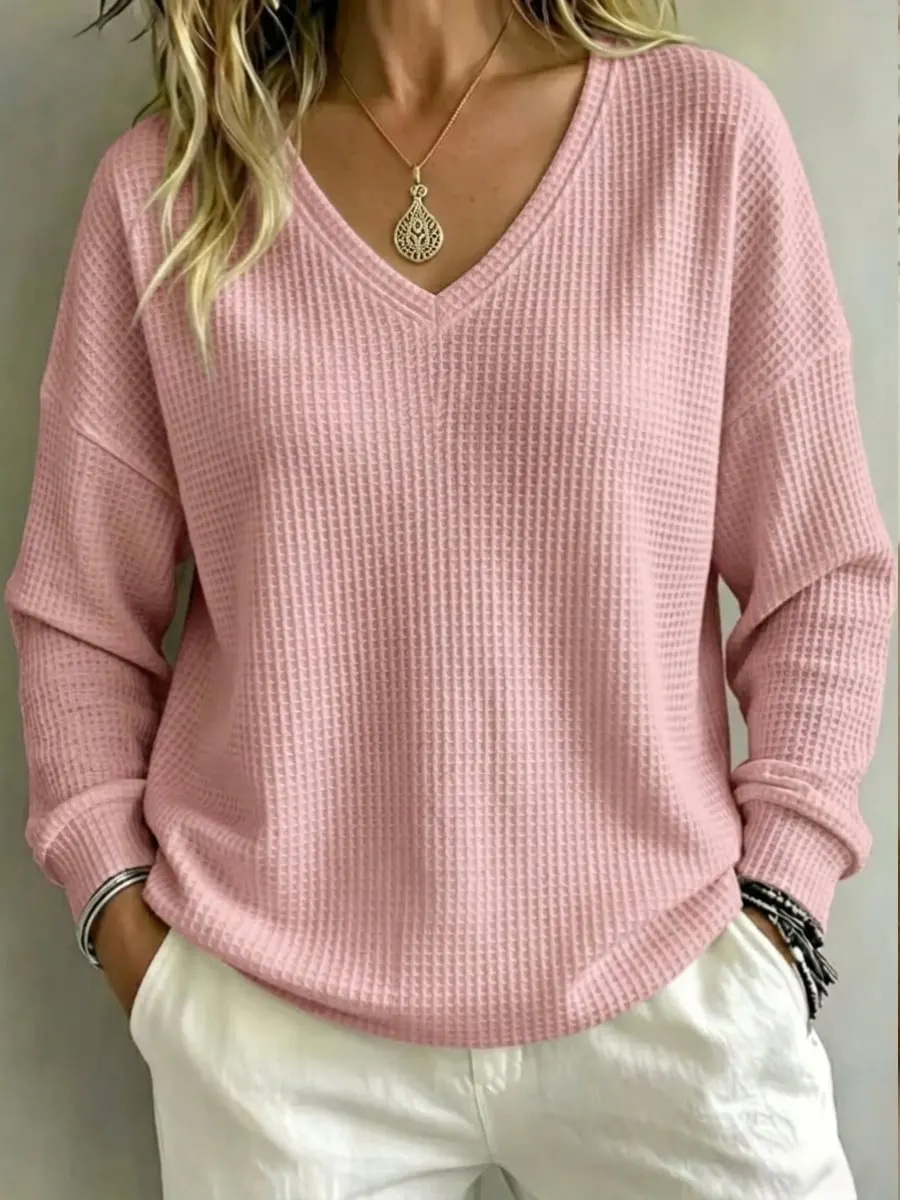 Women's Waffle Knit V-Neck Pullover Loose Casual Top