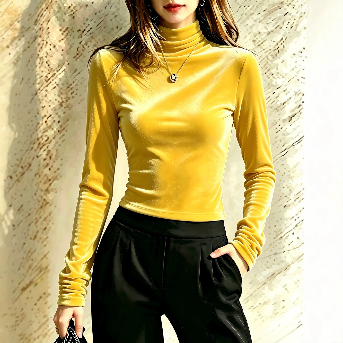 Solid Velvet High Neck Long Sleeve T-Shirt