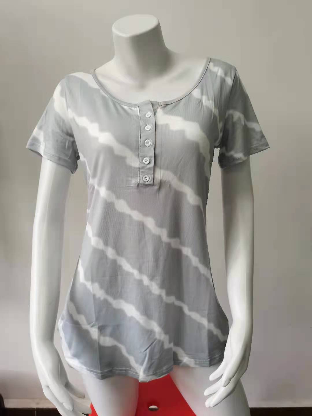 Striped Crewneck Button Short-Sleeve T-Shirt
