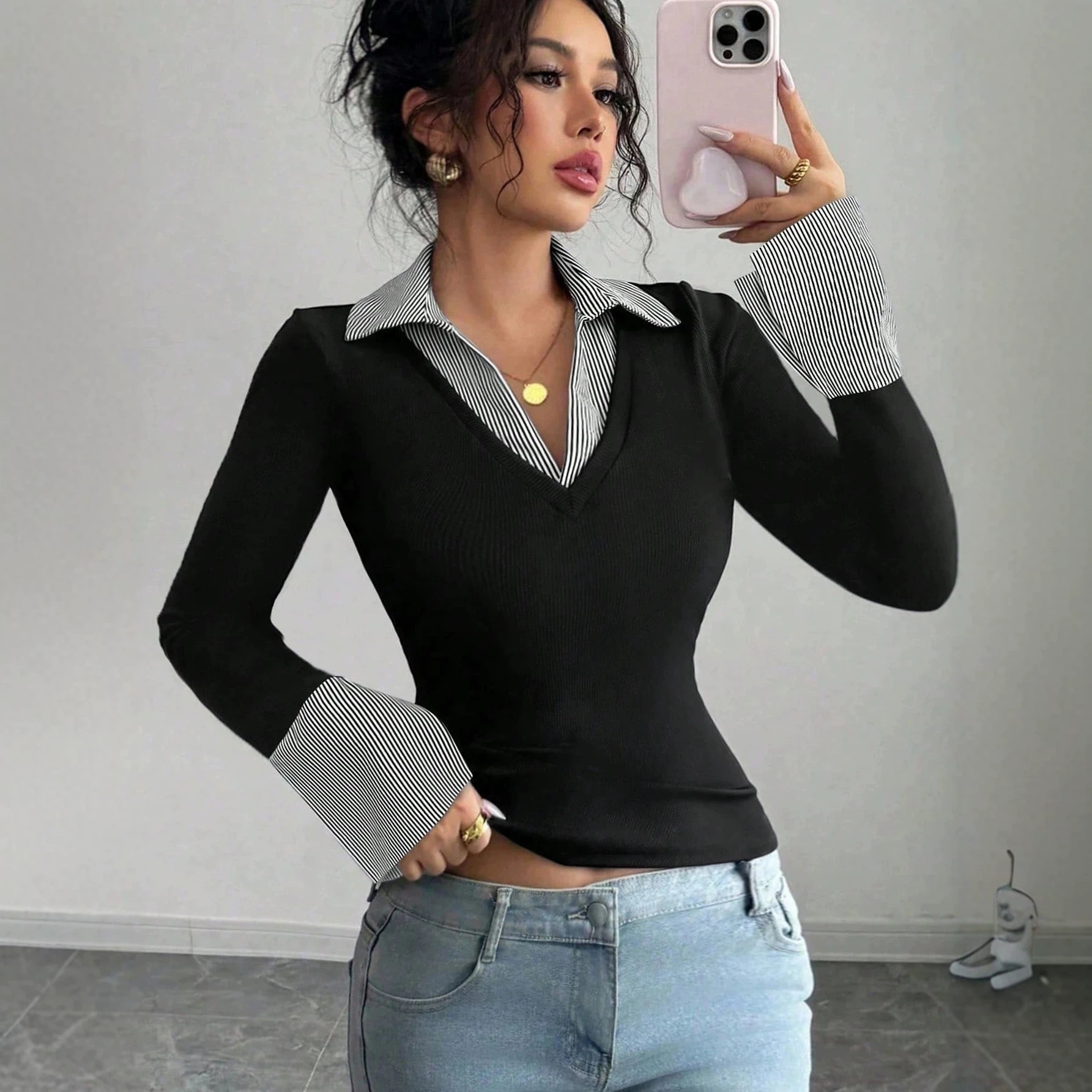 Striped V-Neck Colorblock Flare Top
