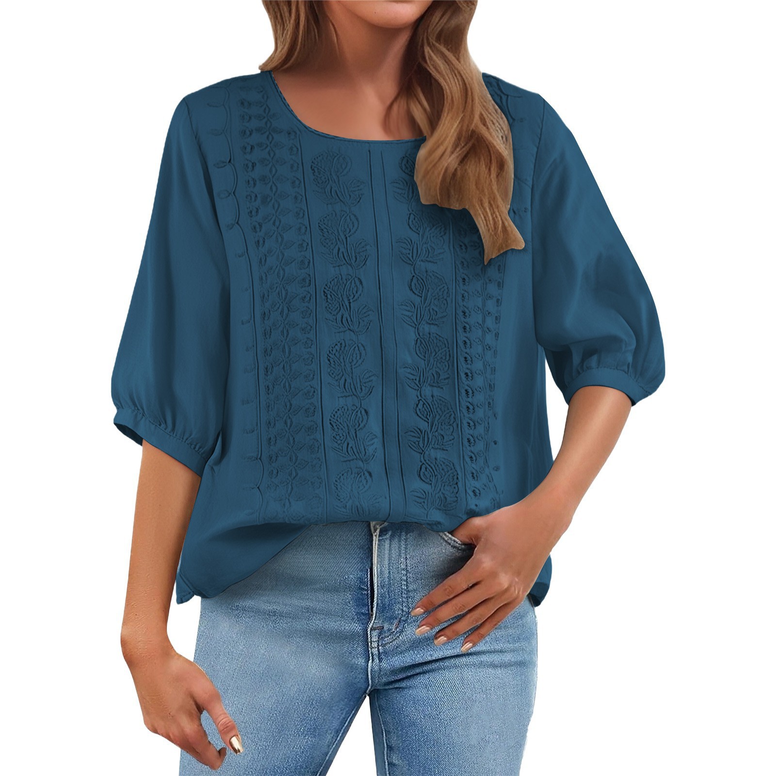 Embroidered Loose Cotton-Linen T-Shirt Women's Retro Round Neck Short Sleeve