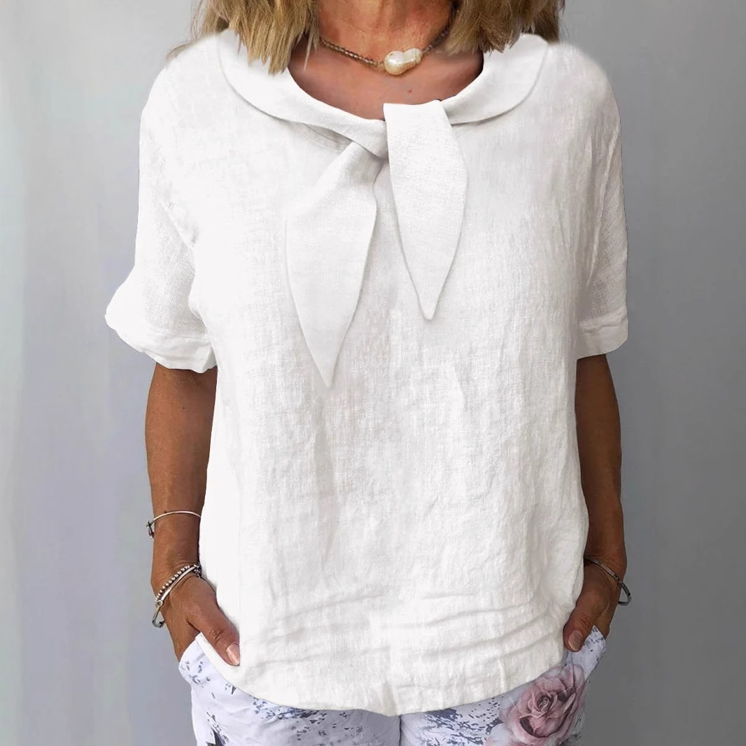 Women's Cotton-Linen Blend Short Sleeve V-Neck Solid Top