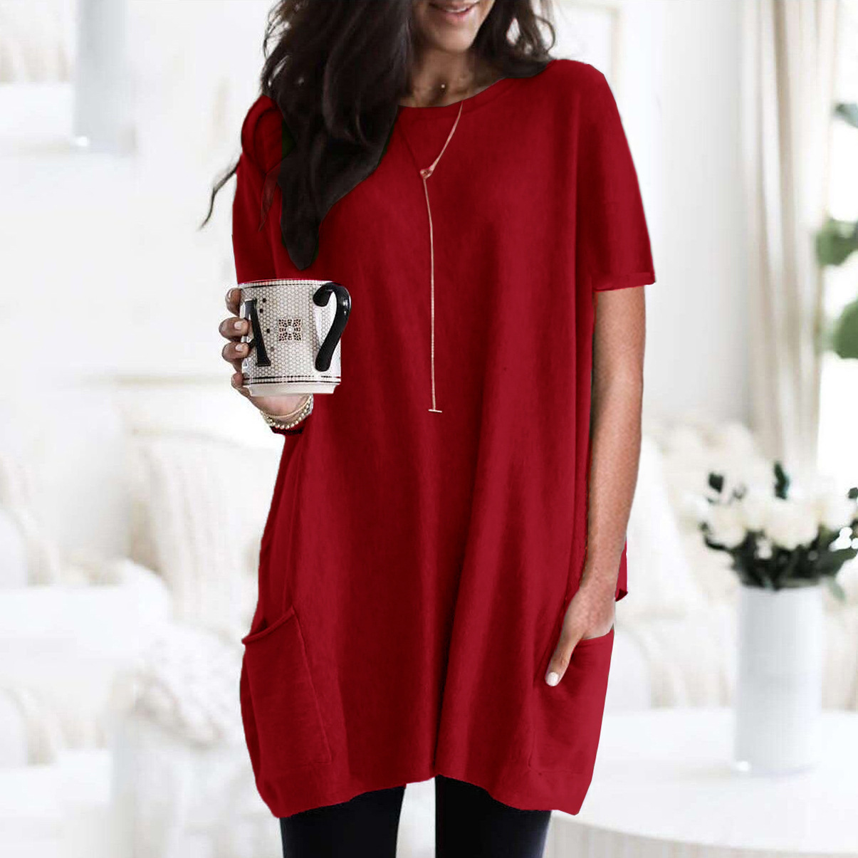 Women's Long Sleeve Pocket T-Shirt Casual Loose Fit Crew Neck Top